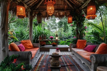 A cozy outdoor living space with a wooden structure and hanging lanterns