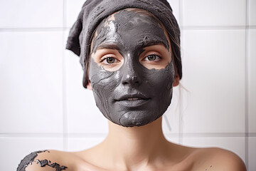 Wall Mural - A woman with a black clay mask on her face is lying down on a bed