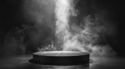 a dramatic black and white image of a round podium with smoke and a spotlight. perfect for product d