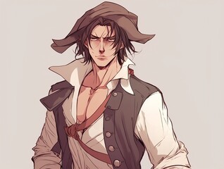 Wall Mural - Portrait of a young man in a pirate costume. Vector illustration.