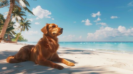 Wall Mural - Golden Retriever Dog on Summer Vacation at Seaside