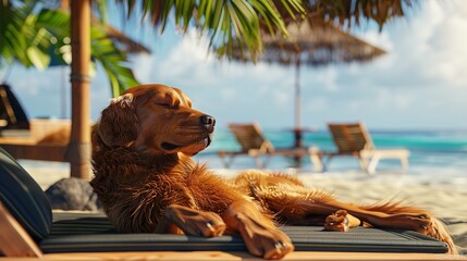 Wall Mural - Golden Retriever Dog on Summer Vacation at Seaside