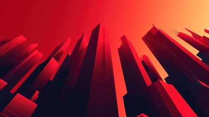 Wall Mural - Monochromatic red image depicting an abstract skyline with towering skyscrapers, conjuring a feeling of a dystopian city