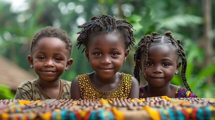 A group of children engage in a traditional African game outdoors against a bokeh background, leaving ample copy space.