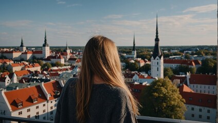 Woman sightseeing Tallinn city landmarks vacations in Estonia travel lifestyle girl tourist relaxing at viewpoint Old Town aerial view architecture.