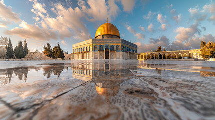 Al-Aqsa Mosque located in Jerusalem, a magnificent mosque building with a golden dome, Ai generated Images