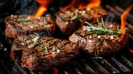 Close-up of grilled beef steak on barbecue grill with flames.