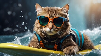 Cat surfing the water while sporting sunglasses. Artificial Intelligence