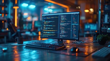 Collaborative software developers coding in a vibrant creative workspace with blurred backdrop and ample writing area