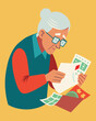 © Justlight - An elderly person carefully clips coupons from the newspaper holding onto them for months only to forget about them until they have all expired.. Vector illustration