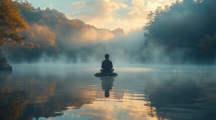 A serene lakeside retreat, where a spiritual guide leads a meditative session by the calm waters, their presence gently blurring into the background amidst the tranquil atmosphere.