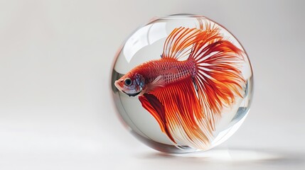 Wall Mural - Betta fish with flowing fins in a glass ball on white background.