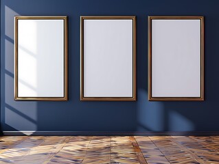 Three blank picture frames in a row on a navy blue wall, wooden floor, and soft diffused lighting creating an inviting atmosphere.