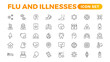 © artnazu - Set of Flu and Illnesses line icons. Collection of linear icons such as hygiene, disinfection, symptoms, treatment, virus, prevention, cancer, coronavirus, mental illnesses, and more.