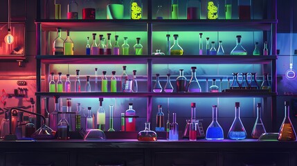 Wall Mural - A colorful shelf of glass bottles and vials, with a neon light behind them