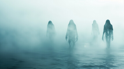 Wall Mural - Scary ghost spirit figures  walking in the fog, Scary nightmare ghost characters