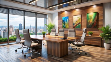 Wall Mural - Modern Office Interior With A Large Wooden Conference Table, Comfortable Leather Chairs, And A Beautiful City View From The Windows.