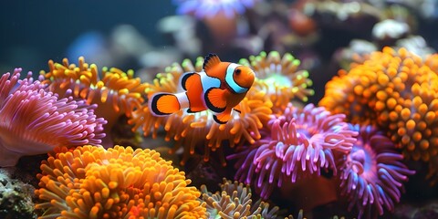 Vibrant coral reef with clownfish swimming among colorful anemones in lively scene. Concept Underwater Photography, Marine life, Coral Reef Ecosystem, Clownfish Behavior, Colorful Anemones