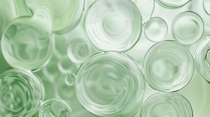 Wall Mural - Oil bubbles collagen skin serum on green pastel background. concept skin care cosmetics.