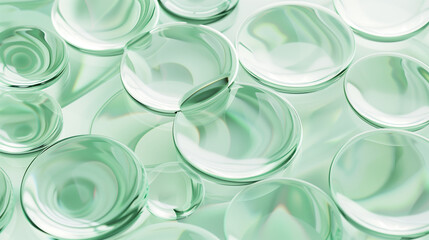 Wall Mural - Oil bubbles collagen skin serum on green pastel background. concept skin care cosmetics.