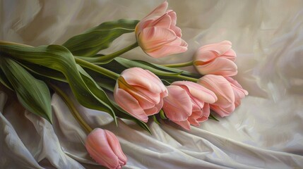 Wall Mural - Pink tulips are resting on a canvas