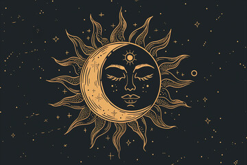 boho sun logo. outline bohemian moon with rays. minimal magic abstract outline illustration. yoga an