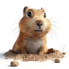 A cute, cartoon-like gopher with big eyes peeks out of a hole in the ground, surrounded by dirt and a few nuts.