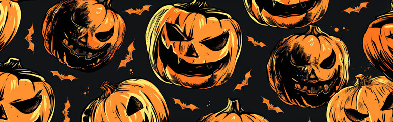 Wall Mural - background featuring simple outlines of pumpkins in various shades of black and orange, arranged in a repetitive pattern against a solid colour background, highlighting the essence of Halloween