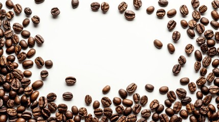 Poster - Coffee beans in a designated spot for text on a white background from a top perspective