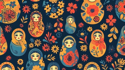 A captivating seamless pattern featuring Matryoshka dolls the iconic Russian traditional wooden toys set against a whimsical cartoon backdrop