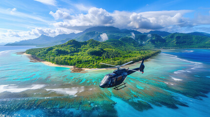private helicopter tour over a tropical island, exclusive and luxurious travel adventure, copy space