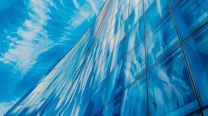 Wall Mural - Closeup shot of a modern skyscrapers exterior, showcasing its sleek glass panels reflecting a blue sky with white clouds