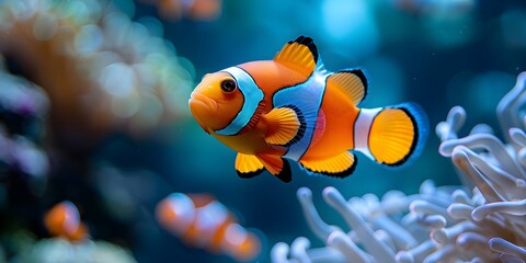 Wall Mural - Ocean clown fish swimming gracefully in their vibrant underwater habitat. Concept Underwater Photography, Clown Fish, Ocean Wildlife, Vibrant Aquatic Habitat, Graceful Swimming
