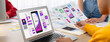 © Summit Art Creations - Panorama banner of startup UX developer or company employee design user interface or UI prototype for mobile application or website software with software display on laptop monitor in office. Synergic