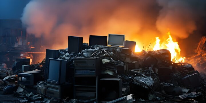 electronic waste in landfill contributes to environmental degradation and climate change. concept e-