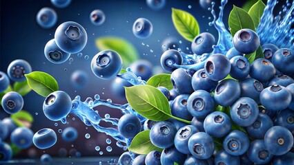 Wall Mural - Juicy blueberries falling with a burst of juice, suitable for cosmetic product backgrounds.
