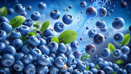 Wall Mural - Juicy blueberries falling with a burst of juice, suitable for cosmetic product backgrounds.
