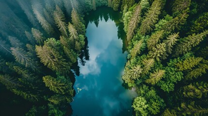 Sticker - Aerial view of a serene mountain lake surrounded by forest, showcasing the natural beauty and tranquility