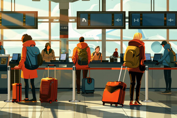 Wall Mural - A group of people are waiting in line at an airport baggage claim