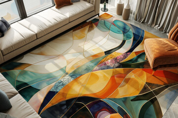 Wall Mural - A colorful rug with a flowery design is on a white floor