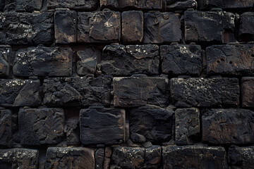 Canvas Print - A wall made of black bricks with a lot of dirt and moss on it