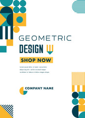 Wall Mural - Poster or flyer template with modern geometric pattern and abstract shapes, vector background. Web banner with geometric design of mosaic pattern with trendy triangle and circle shape elements