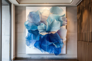 Sticker - A large blue and white abstract painting of flowers