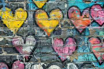 Wall Mural - A wall covered in graffiti with many hearts painted on it