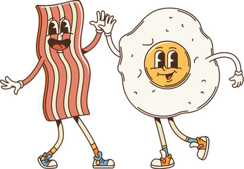 Poster - Retro cartoon groovy breakfast bacon and fried egg character. Cute and funny vector friends food personages giving high five and rejoice together. Isolated kawaii funky ingredients exudes friendship