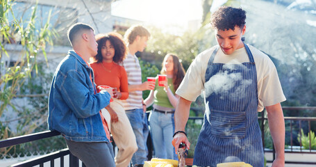 Wall Mural - Barbecue, party and friends on outdoor backyard for meal at reunion, social event or lunch on terrace. Grill, food and young people cooking, drinking and bonding together for bbq dish for celebration