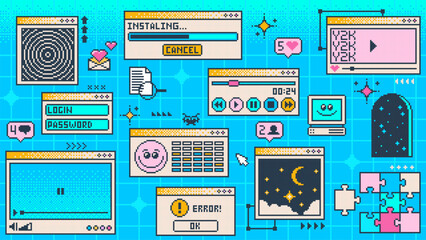 Fototapete - Retro y2k page, computer window interface. Vector pc desktop. Blue, rave screen background in old 2000s aesthetic style with loading bar, program error, e-mail, puzzle game, player, login and password