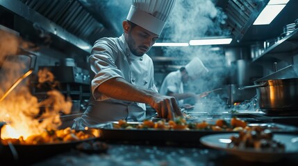 In a busy, upscale restaurant kitchen, stainless steel counters and appliances shine. Chefs and staff work quickly, creating a symphony of sounds and movements in this professional space.