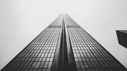 Wall Mural - A low-angle photograph showcasing a modern skyscraper, captured in black and white. The image emphasizes the buildings sleek lines and geometric shapes against a clear sky