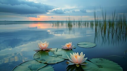 Wall Mural - A single pink water lily blooms gracefully on a calm lake at sunset. The sky is painted in soft hues of pink and orange, reflecting in the tranquil water